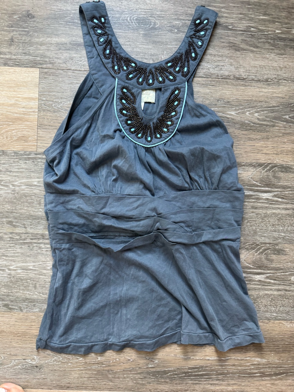 Deletta Charcoal Tank with Black Beaded & Teal Accent sz M